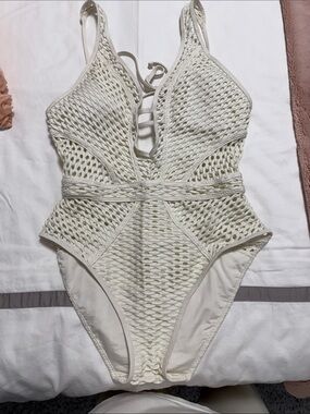 BECCA Cream Mesh One-Piece Swimsuit with Plunge